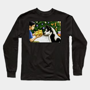 Boy and His Dog Opening Christmas Presents - Greeting Card Long Sleeve T-Shirt